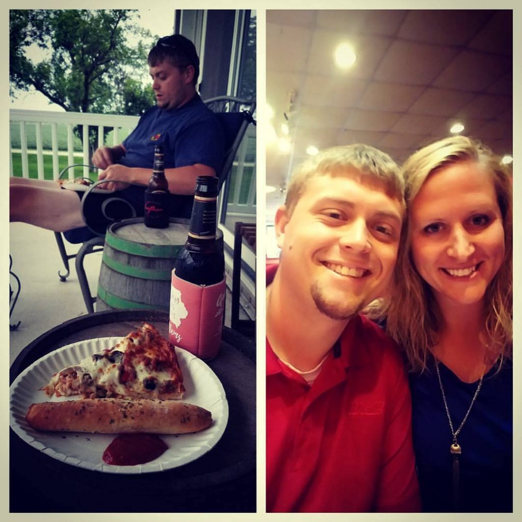 Two pictures. Left picture of pizza and breadstick on a white plate, two bottles of beer in a coozy and man in a blue shirt in front of a white porch railing. Right picture a man on the left in a red polo and woman on the right in a navy blue shirt with long, gold necklace.