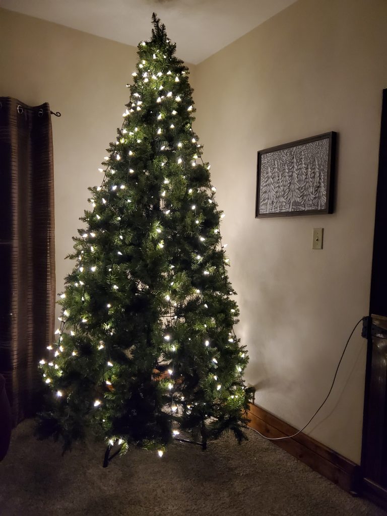 Christmas tree with white lights. 