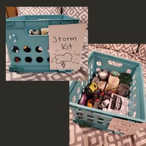 Two photos on black background. Blue box with the label of "Storm Kit," one of the top view of the storm kit with contents, such as battery operated candles, wax candles, flashlights, and headlamps.