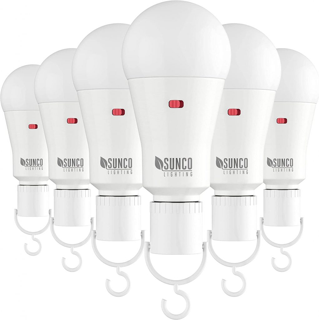 Six white lightbulbs with hangers and red switch.