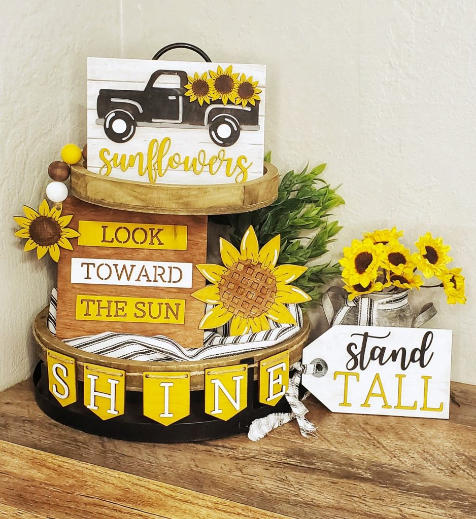 Sunflower themed tired tray with the words "Look towrad the sun, stand tall and sunflowers" 
