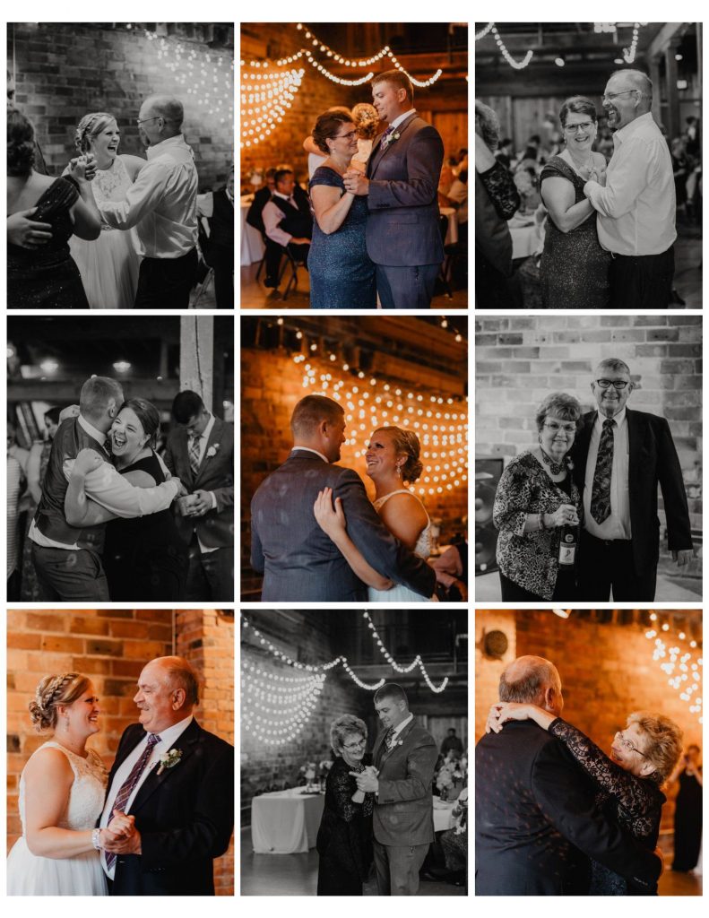 nine pictures, three by three showing different dances with parents, bride and groom.