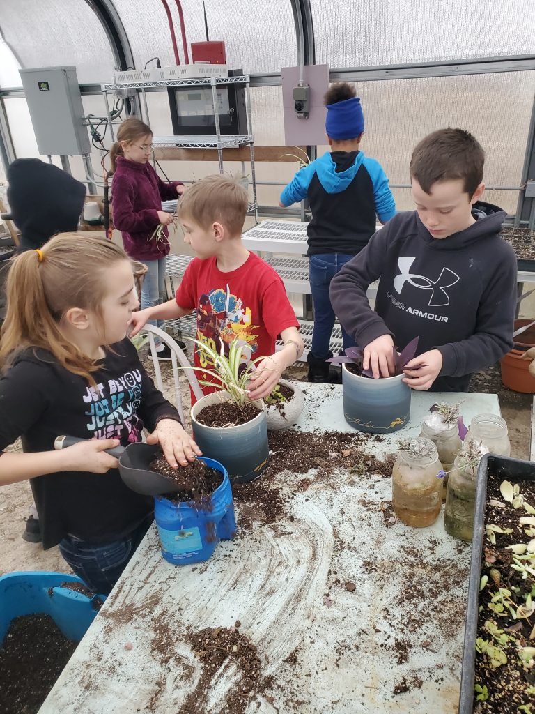 Five students working with soil, plants and pots. Three girls and two boys. 