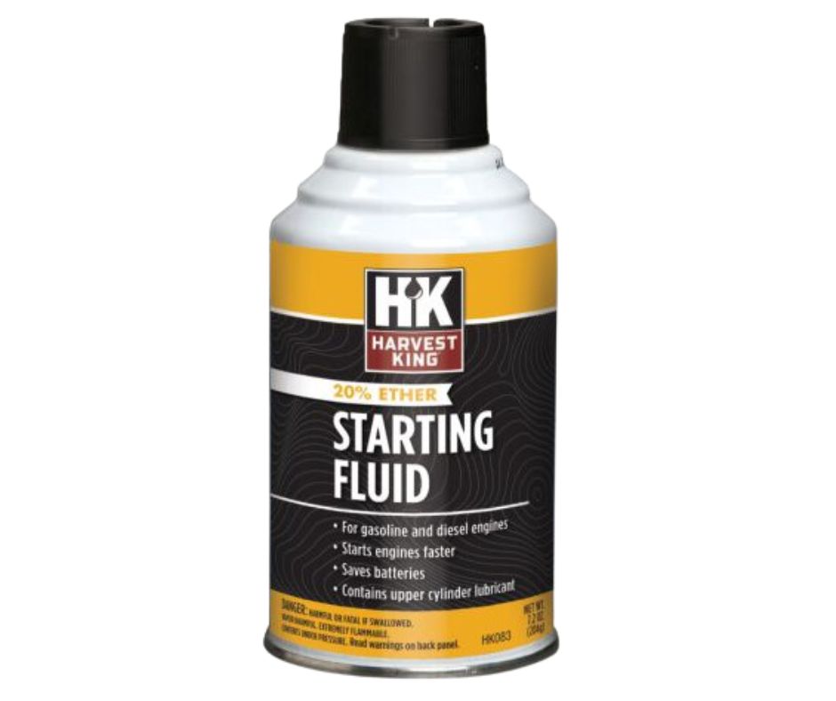 A yellow and black can of Harvest King Starting Fluid